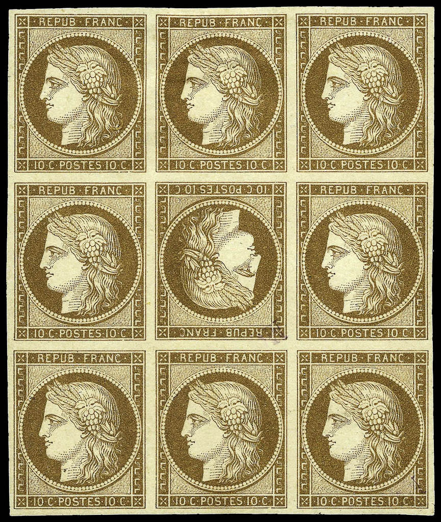 France-1849-10c-Bister-on-Yellowish-Tete-Beche-Yvert-1d-Rare-Block-of-Nine-of-the-10-centimes-Ceres-issue-of-France-with-the-center-stamp-arranged-tet-1024-postbit-1769